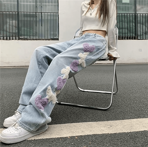 Heart Patchwork Straight Leg Jeans | Aesthetic Clothes