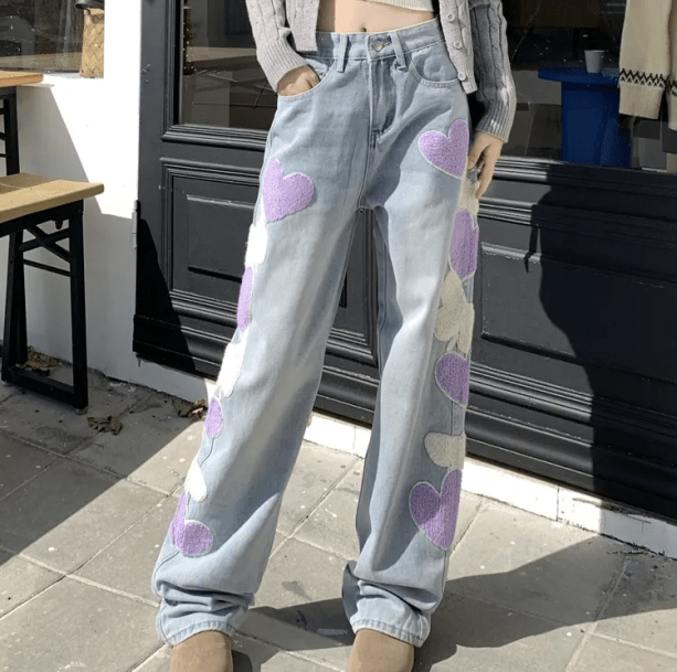 Heart Patchwork Straight Leg Jeans | Aesthetic Clothes
