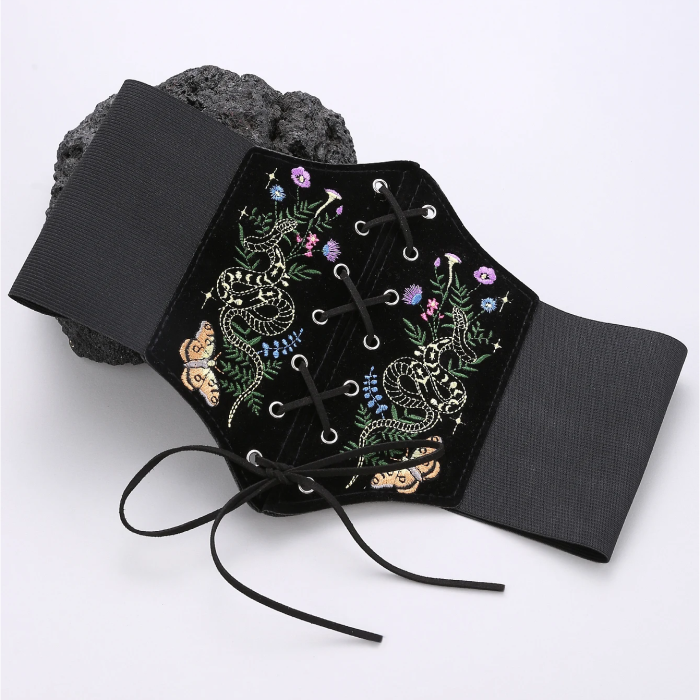 Black Velvet Corset Belt – Embroidered Snake and Butterfly Waist Belt