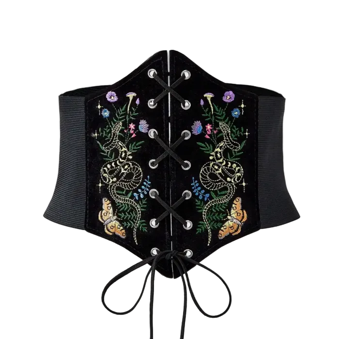 Black Velvet Corset Belt – Embroidered Snake and Butterfly Waist Belt