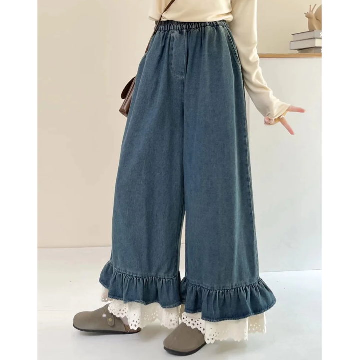 Coquette Wide Leg Jeans - Blue Ruffle Hem Oversized Trousers