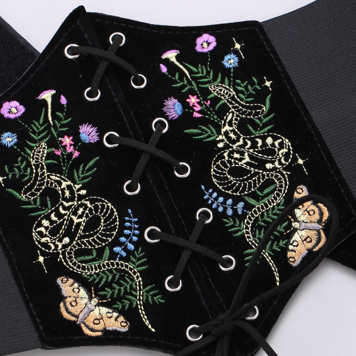 Black Velvet Corset Belt – Embroidered Snake and Butterfly Waist Belt