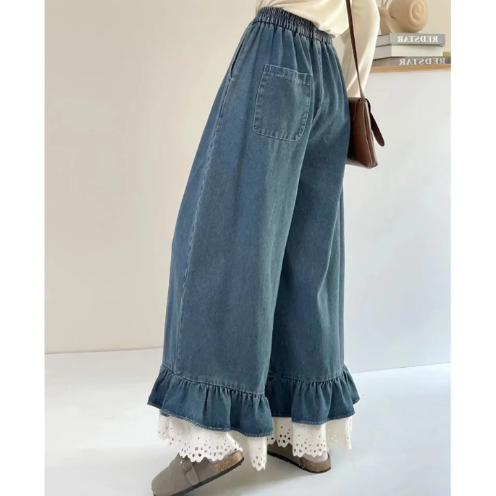 Coquette Wide Leg Jeans - Blue Ruffle Hem Oversized Trousers