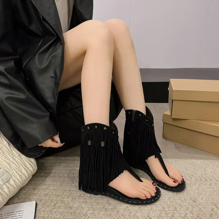 black Western Cowgirl Tassel Sandals – Boho Summer Shoes