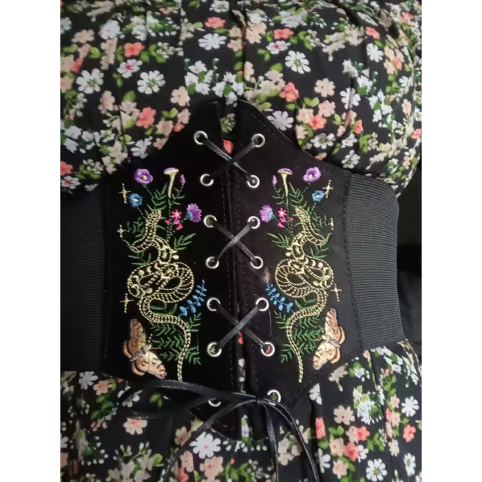 Black Velvet Corset Belt – Embroidered Snake and Butterfly Waist Belt
