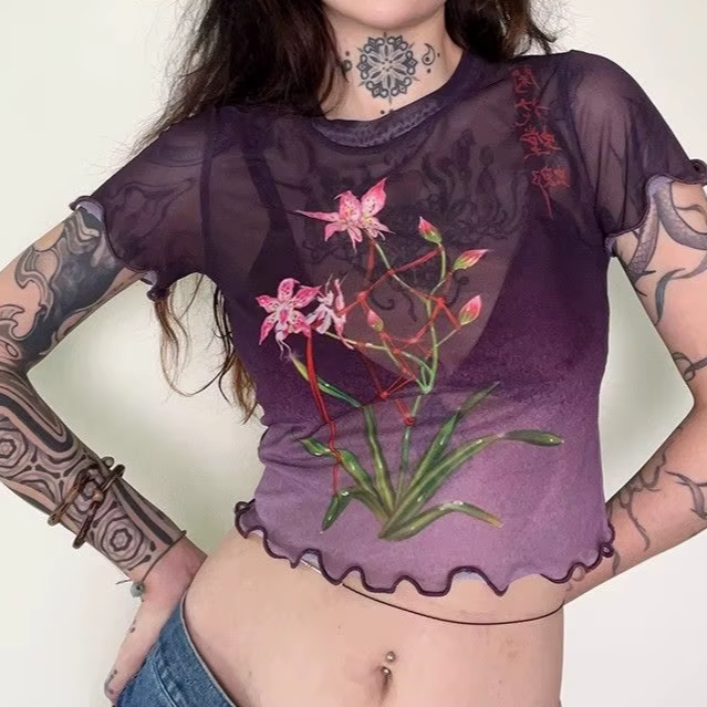 Japanese Streetwear Mesh Top – Black Floral Crop Tee