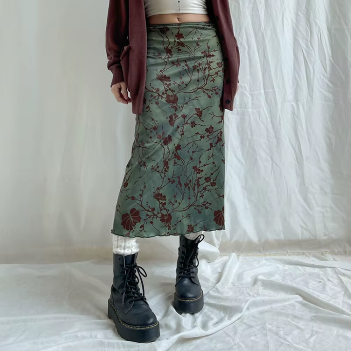 Fairy Grunge Floral Maxi Skirt – Sage Green Aesthetic Skirt