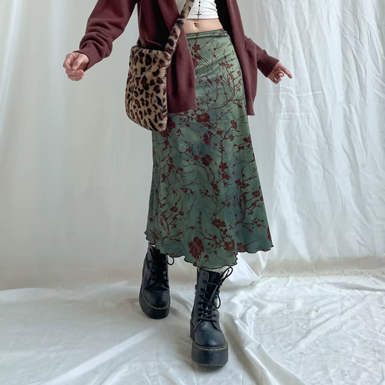 Fairy Grunge Floral Maxi Skirt – Sage Green Aesthetic Skirt