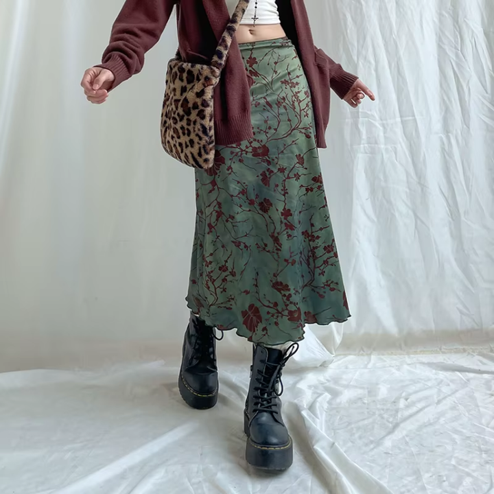 Fairy Grunge Floral Maxi Skirt – Sage Green Aesthetic Skirt