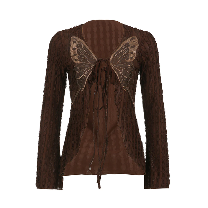 Fairy Grunge Butterfly Top – Brown Lace Long Sleeve Top
