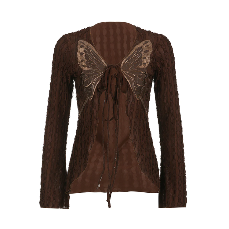 Fairy Grunge Butterfly Top – Brown Lace Long Sleeve Top