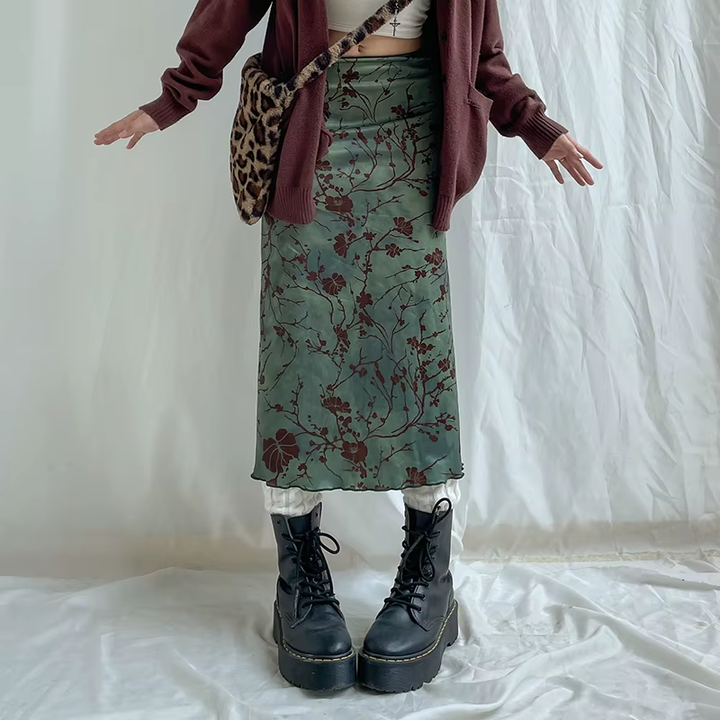 Fairy Grunge Floral Maxi Skirt – Sage Green Aesthetic Skirt