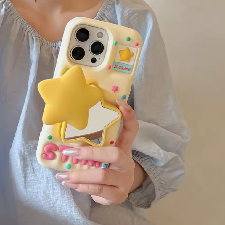 Cute Star iPhone Case – Aesthetic Mirror iPhone Case with Pop-Out Stand