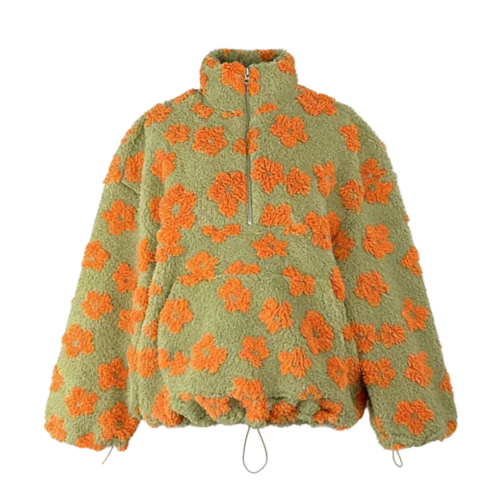 Green jacket with orange floral pattern | Aesthetic Bloom Jumper | Aesthetic Jumper