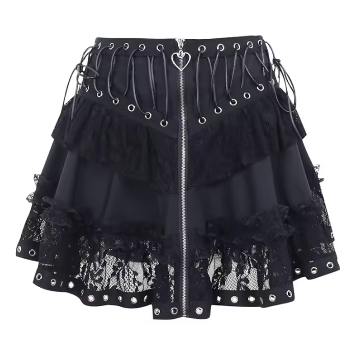 Black lace skirt with metal accents | Darkcore Front-Zip Mini | Aesthetic Skirts