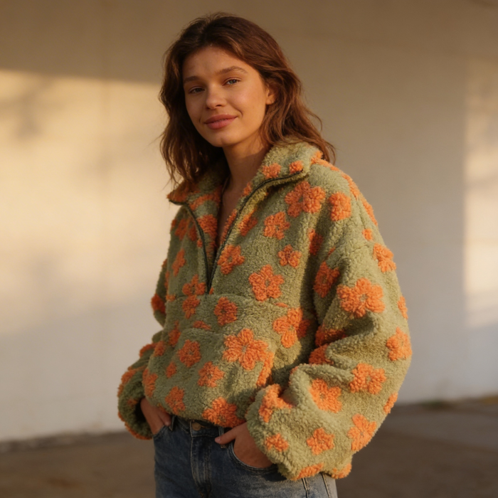Woman wearing a green jumper with orange floral patterns | Aesthetic Bloom Jumper | Aesthetic Jumper
