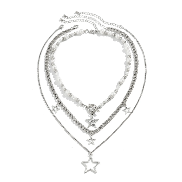 Set of layered silver necklaces with star pendants | Layered Star Necklace Set (3-Piece) – Stargirl Aesthetic Jewelry