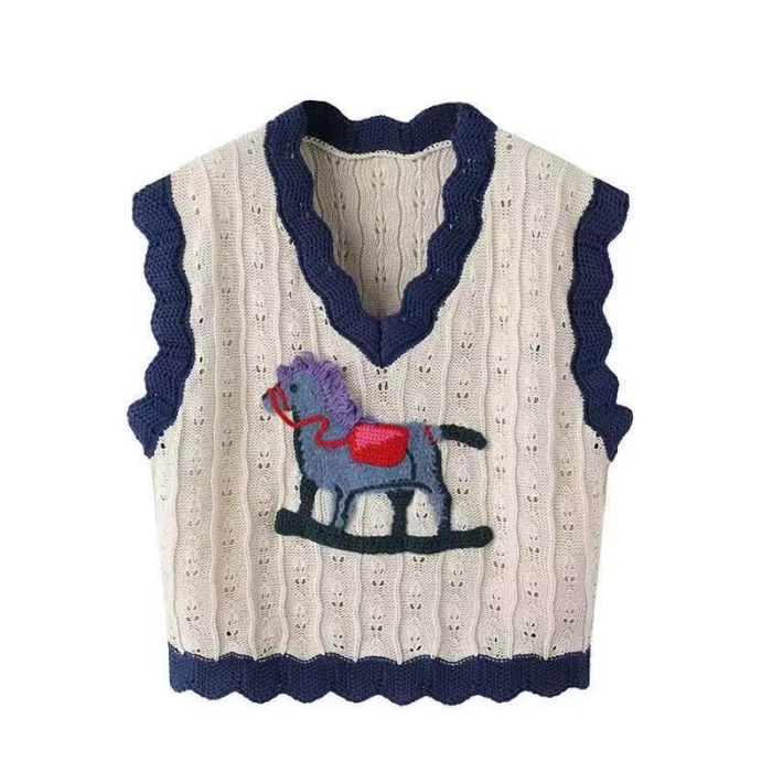 Vintage Rocking Horse Embroidered Knitted Vest – Soft Aesthetic Knit Top