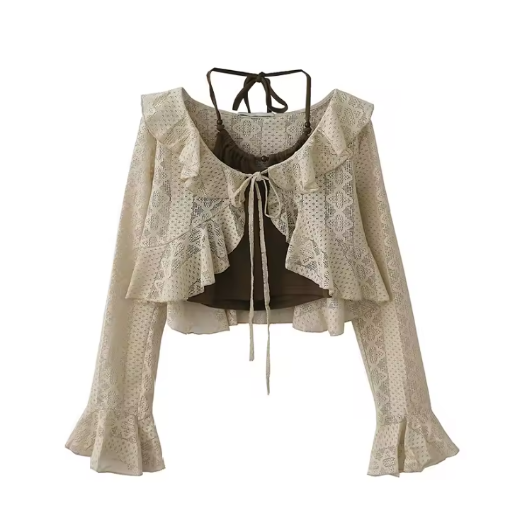 Lace Layered Top Set – Sheer Ruffle Lace Long Sleeve with Cami | Coquette and Soft Girl Aesthetic Clothes