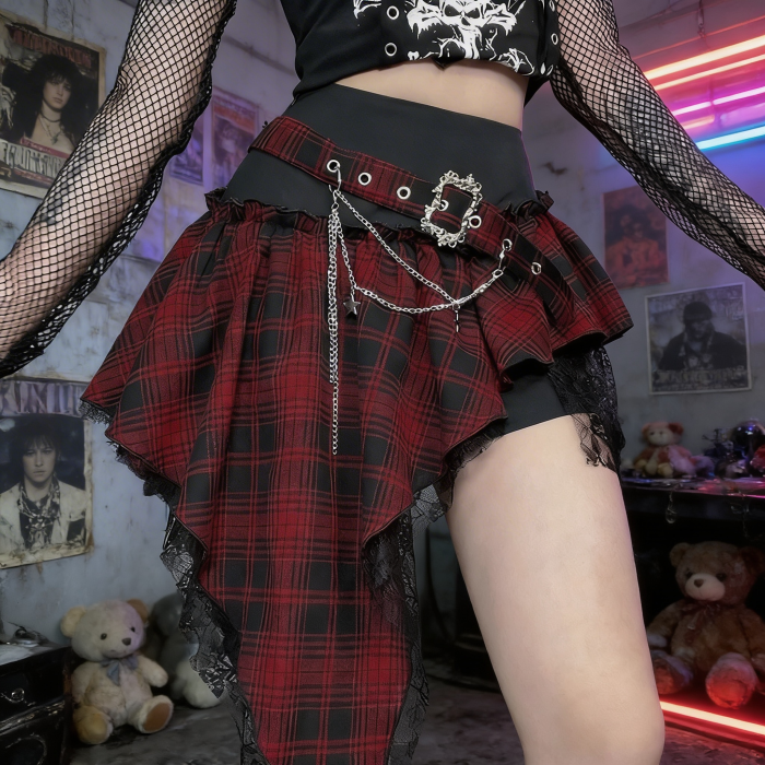 ed plaid skirt with chains | Irregular Edge Red Skirt | Grunge Aesthetic Skirt