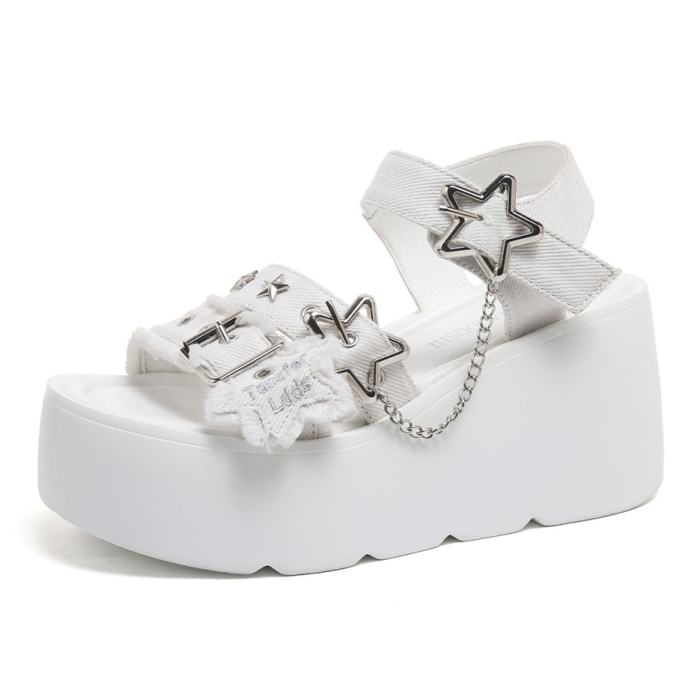 White Aesthetic Star Platform Sandals – Chunky Chain Wedge Sandals