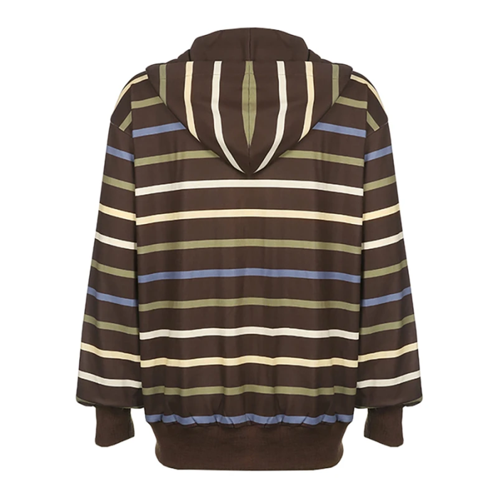 Oversized Brown Striped Aesthetic Hoodie Sweatshirt with Pockets – Y2K Grunge Streetwear Top for Women