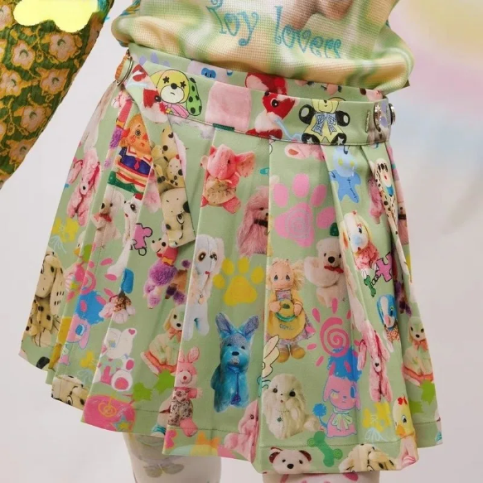 Colorful Cartoon Character Pleated Skirt | Kawaii Aesthetic Mini Skirt