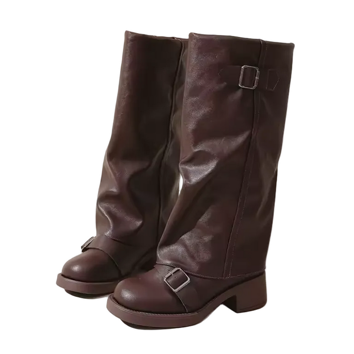 brown Edgy Knight Buckle Boots for Women – Autumn Brown Chunky Heel Mid Calf Boots