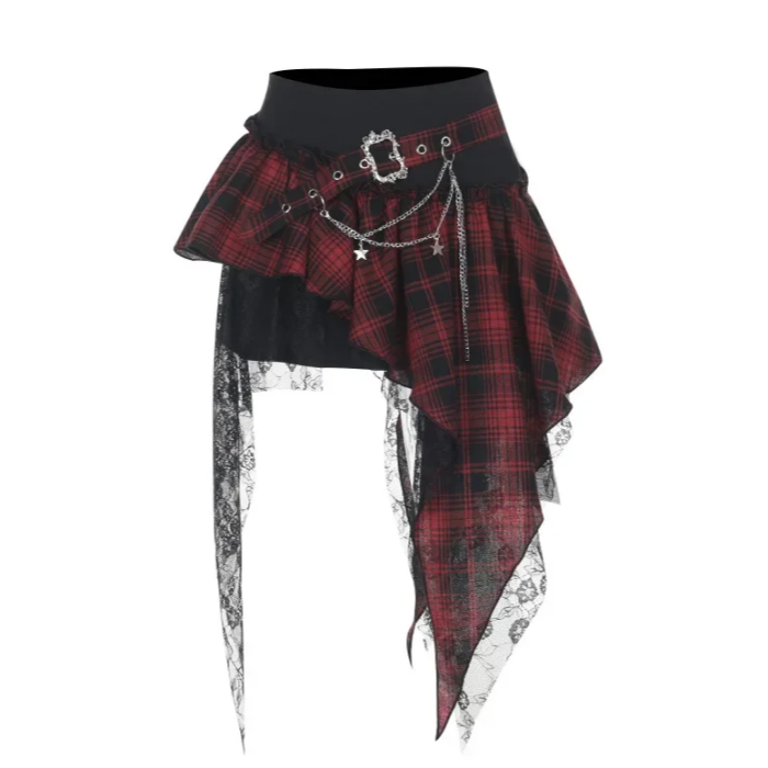 Gothic-style skirt with red plaid pattern and black lace | Irregular Edge Red Skirt | Grunge Aesthetic Skirt