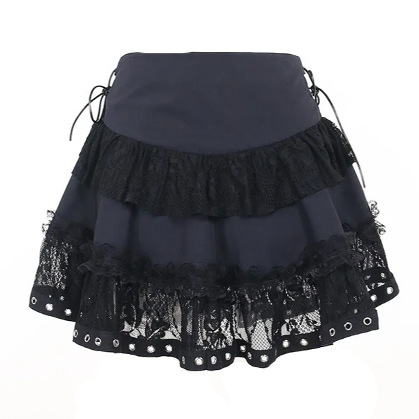 Black lace skirt with layered design on a white background