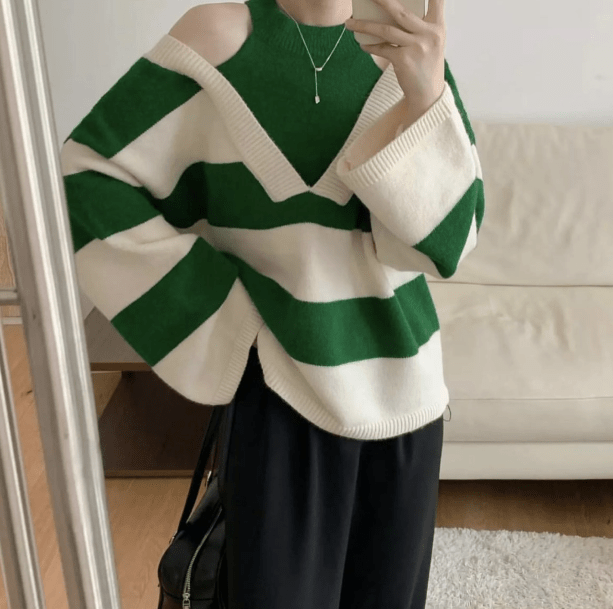 Open Shoulder Stripe Sweater | Aesthetic Clothes