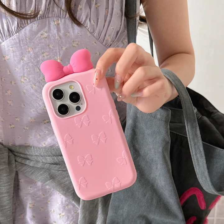 Soft Girl Pink Bow iPhone Case – Cute 3D Ribbon Aesthetic Phone Case