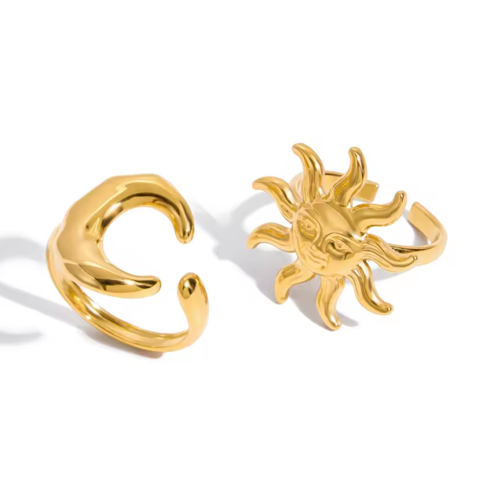 Gold Celestial Sun and Moon Ring Set - Aesthetic Statement Jewelry