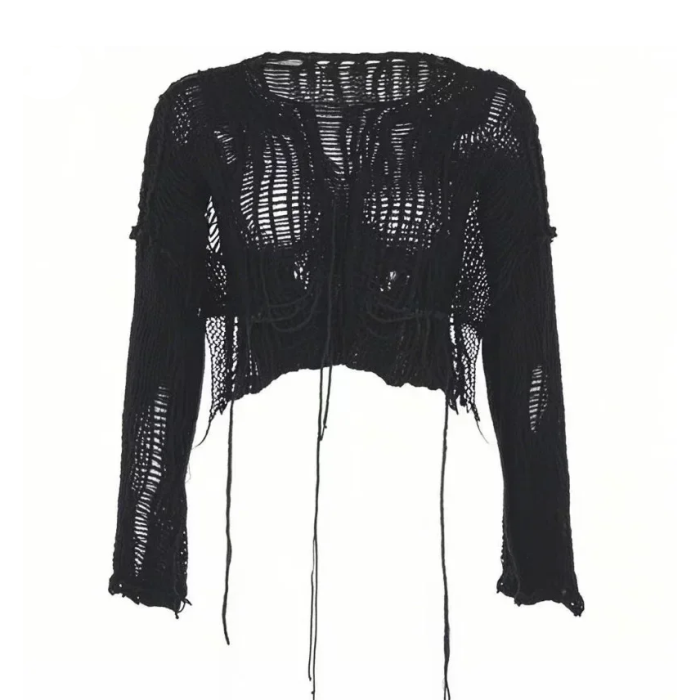 Black Y2K Distressed Cropped Sweater – Y2K Ripped Knit Top