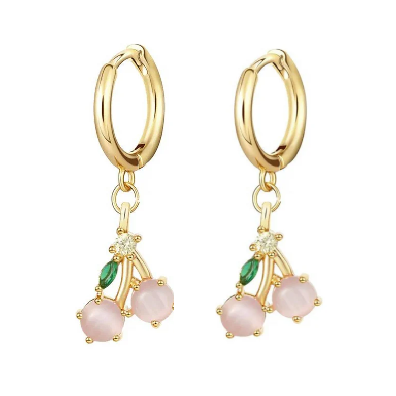 Pink Cherry Hoop Dangle Earrings - Coquette Cherry Dangle Earrings