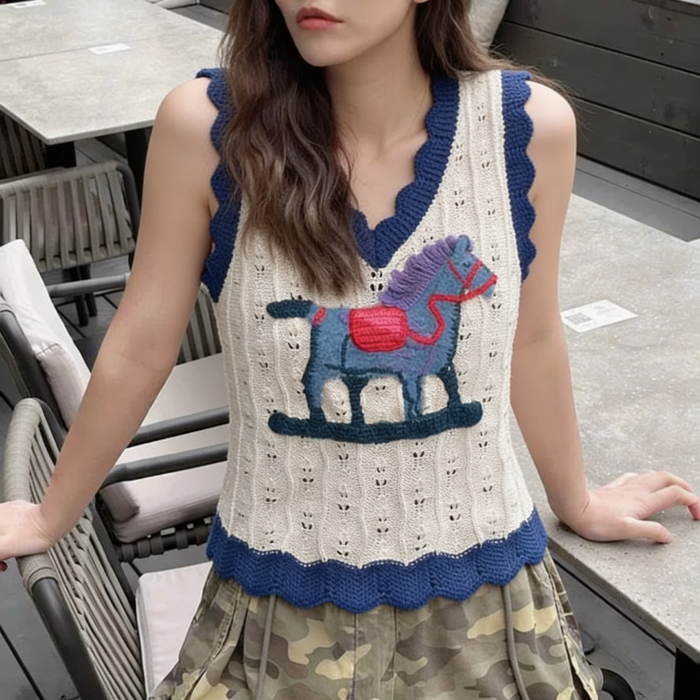 Vintage Rocking Horse Embroidered Knitted Vest – Soft Aesthetic Knit Top