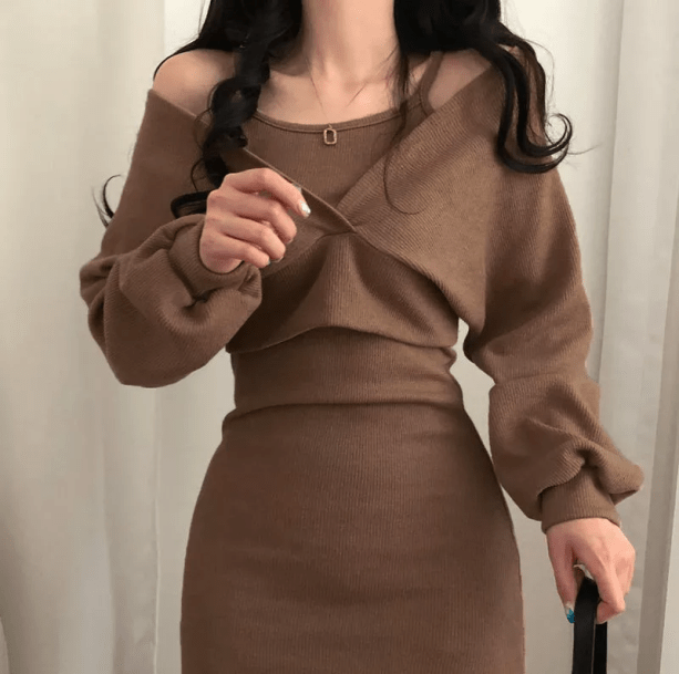 Brown Knitted Mini Dress | Aesthetic Clothing