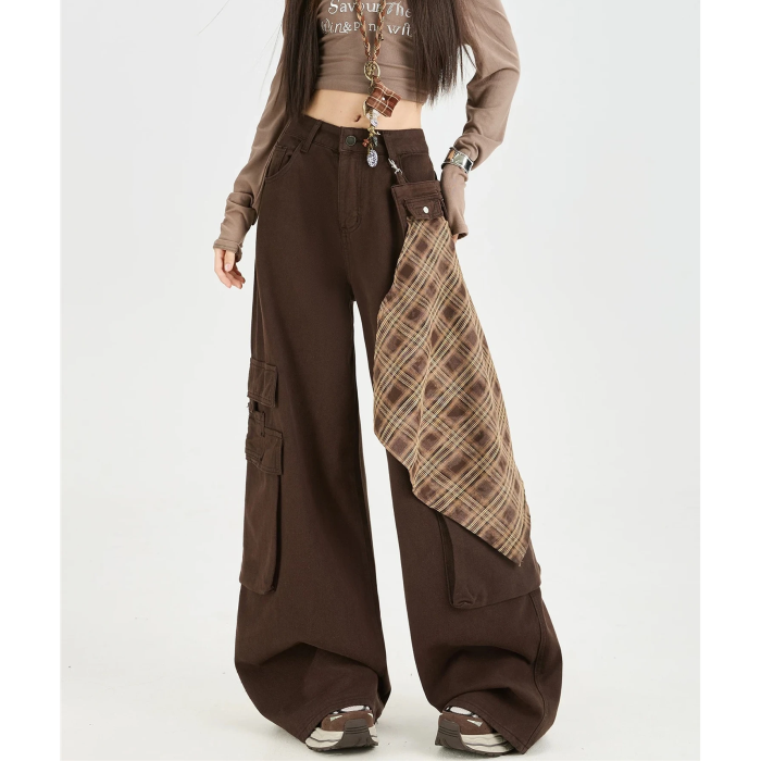 Cool Girl Brown Y2K Cargo Pants – Aesthetic Streetwear Wide Leg Trousers
