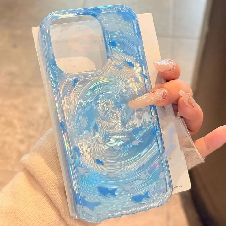 Aesthetic Ocean Wave iPhone Case | Blue Swirl Fish Luxury Silicone Phone Cover