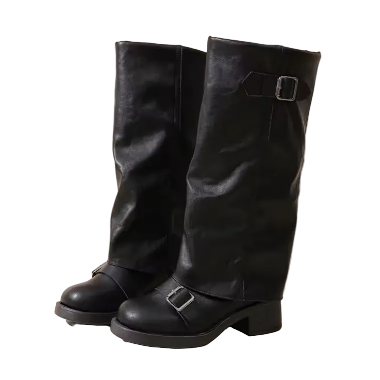 Edgy Knight Buckle Boots for Women – Autumn Black Chunky Heel Mid Calf Boots