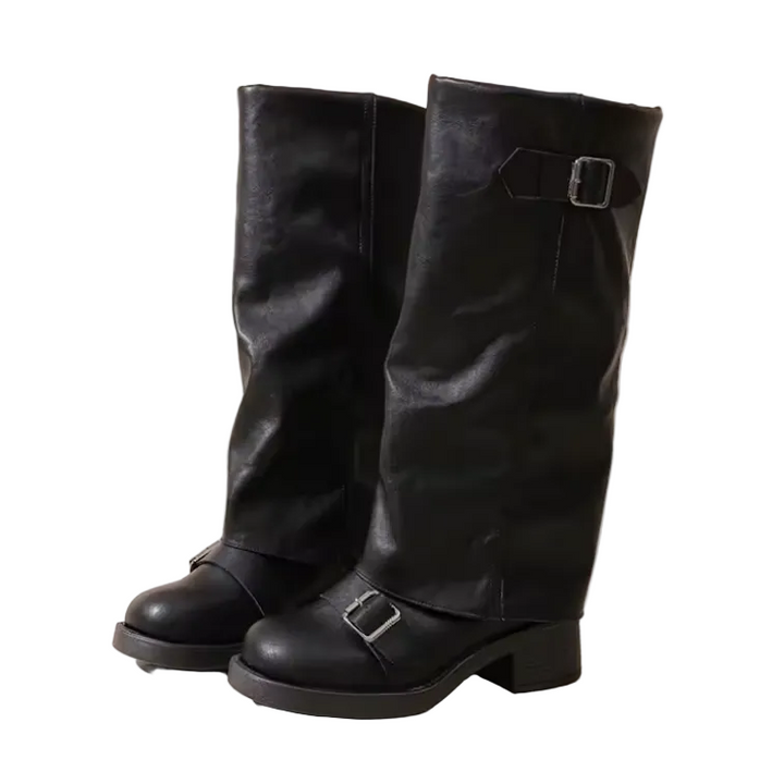Edgy Knight Buckle Boots for Women – Autumn Black Chunky Heel Mid Calf Boots