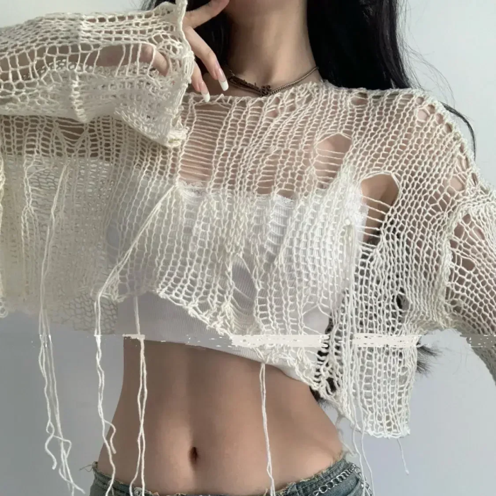 White Y2K Distressed Cropped Sweater – Y2K Ripped Knit Top