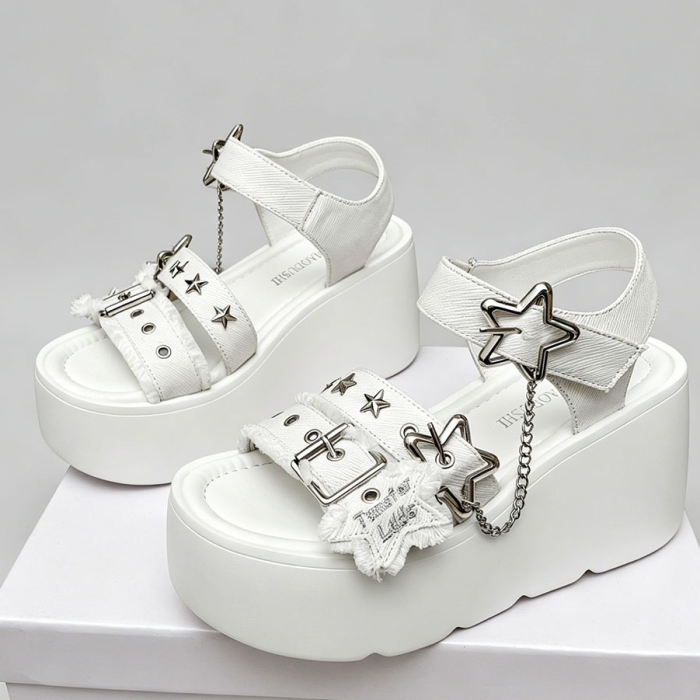 White Aesthetic Star Platform Sandals – Chunky Chain Wedge Sandals