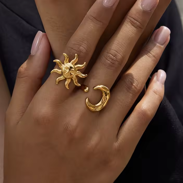 Gold Celestial Sun and Moon Ring Set - Aesthetic Statement Jewelry