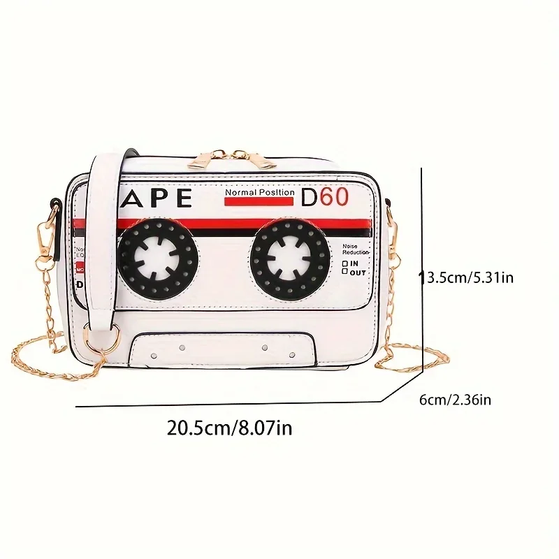 Cassette tape-shaped handbag with measurements| Retro Cassette Tape Shoulder Bag – Y2K Aesthetic Style