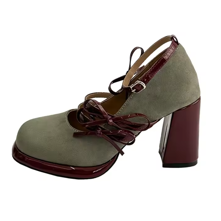 Green shoe with brown laces and heel on a white background | Coquette Bow Mary Janes | Aesthetic Shoes