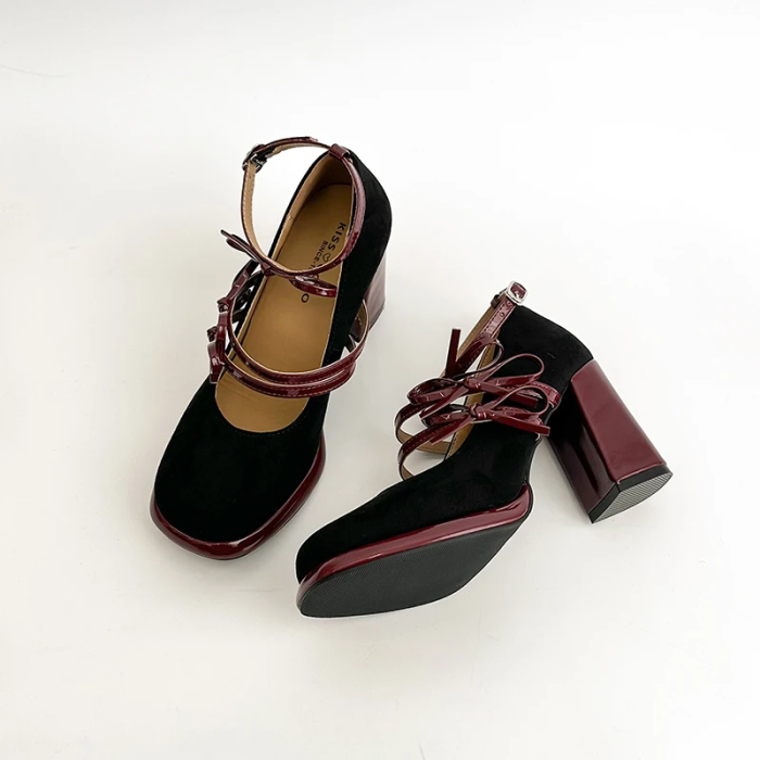 Black high-heeled shoes with red straps | Coquette Bow Mary Janes | Aesthetic Shoes