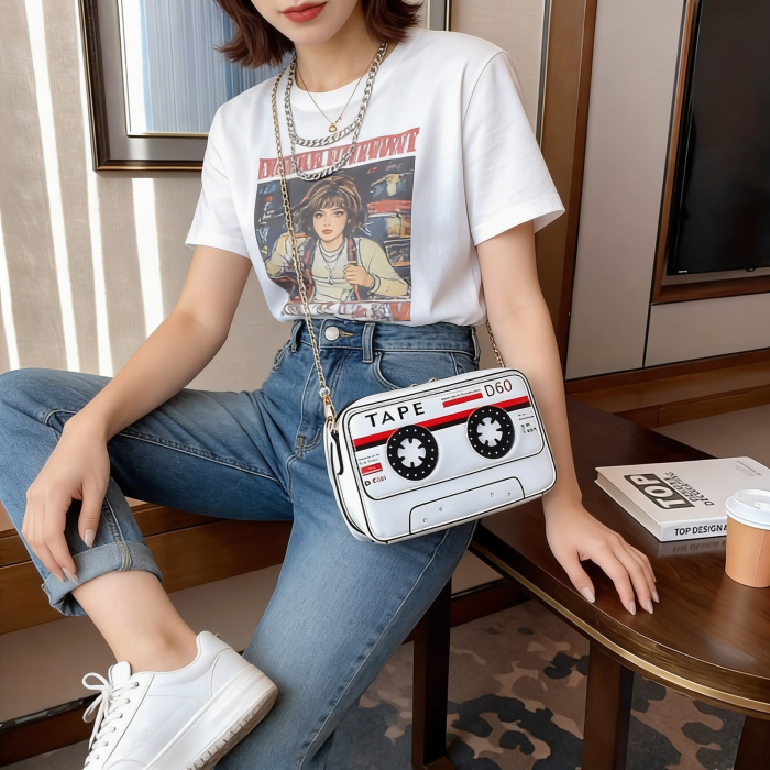 Person wearing a white t-shirt with a graphic design, sitting on a couch holding a cassette tape-shaped handbag. Retro Cassette Tape Shoulder Bag – Y2K Aesthetic Style