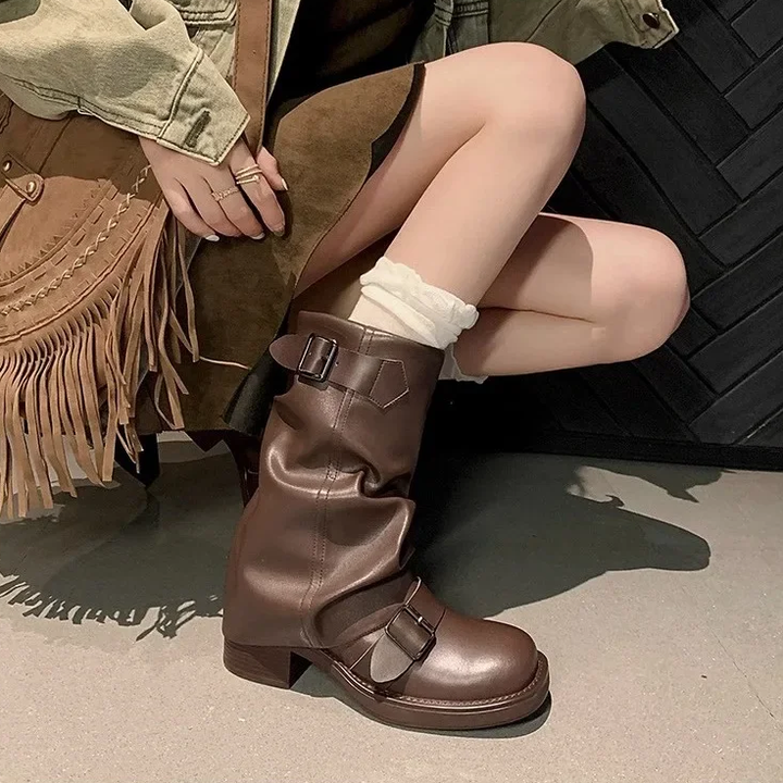 Edgy Knight Buckle Boots for Women – Autumn Brown Chunky Heel Mid Calf Boots