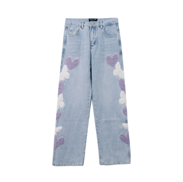 Heart Patchwork Straight Leg Jeans | Aesthetic Clothes